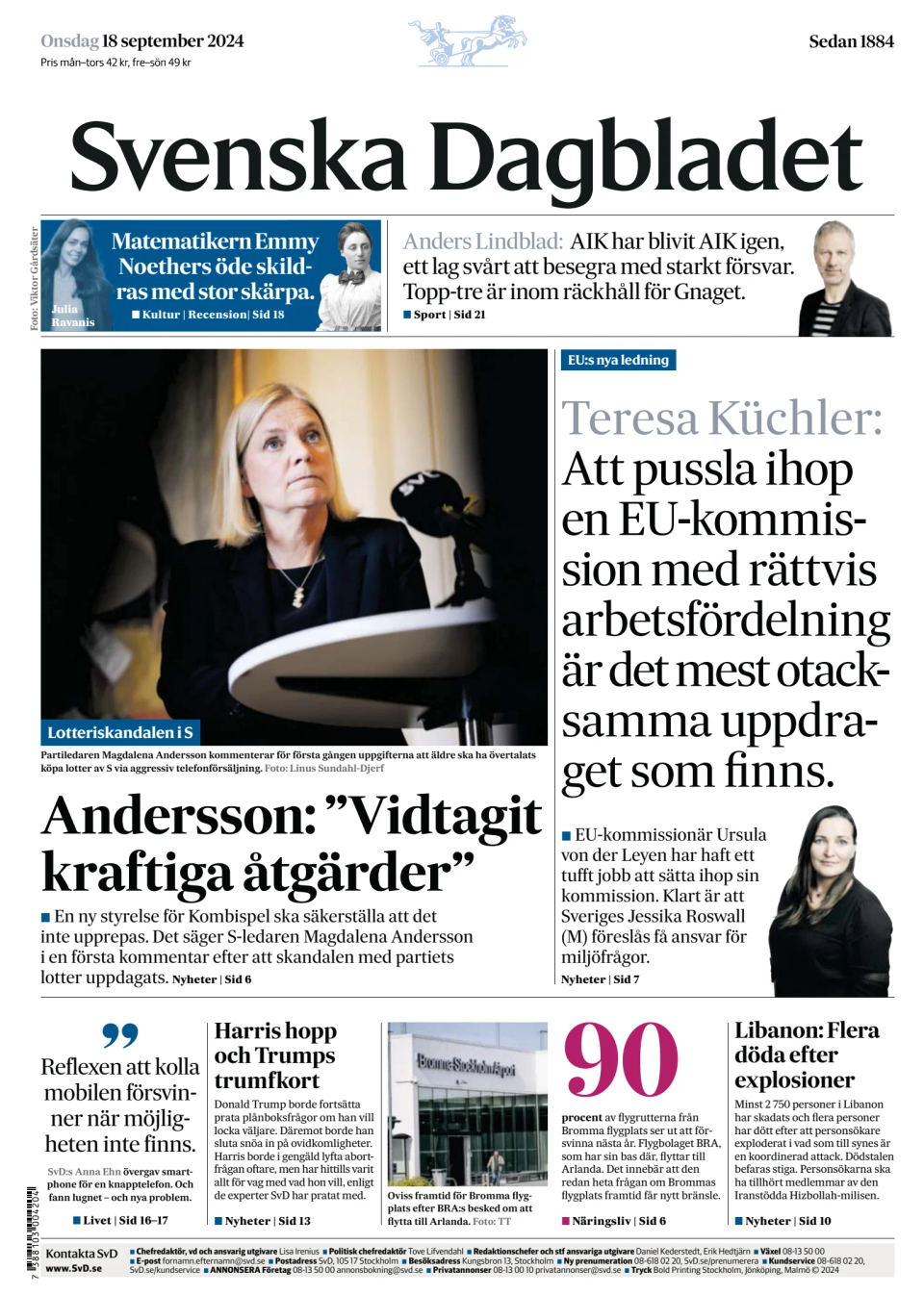 Prima-pagina-Svenska Dagbladet-edizione-di-oggi-20240918